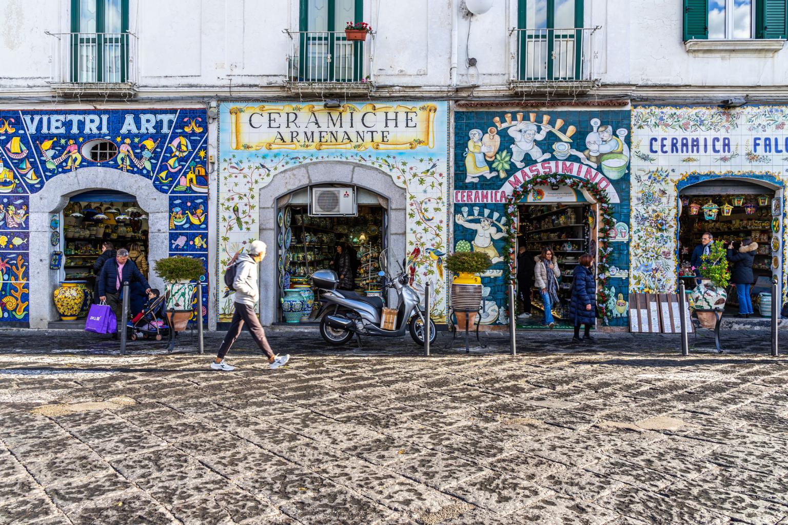 Row of shops selling ceramics souvenirs at Vietri sul Mare on the Amalfi Coast stock photo